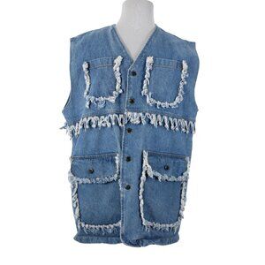 A Class Sz M Blue Denim Distressed Pockets Sleeveless 100% Cotton Vintage Vest